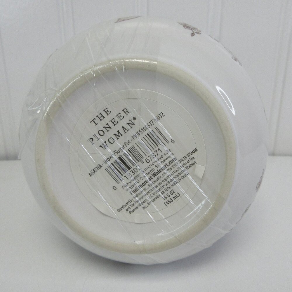 Pioneer Woman Agatha Bird Sugar Bowl W Lid Floral White Brown Stoneware New - Picture 2 of 12